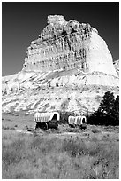 Old wagons and bluff. Scotts Bluff National Monument. Nebraska, USA ( black and white)