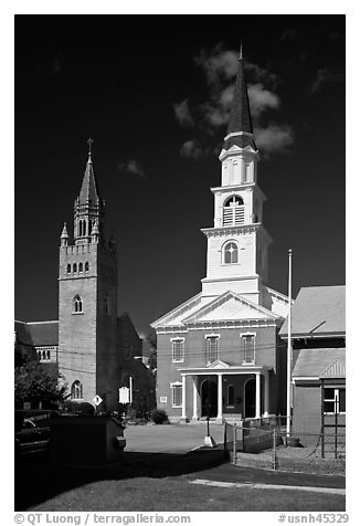 White steepled church and stone church. Concord, New Hampshire, USA (black and white)