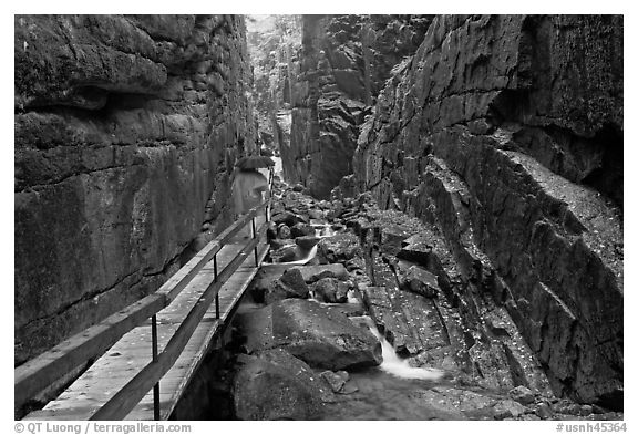 Hiking the Flume in the rain, Franconia Notch State Park. New Hampshire, USA (black and white)