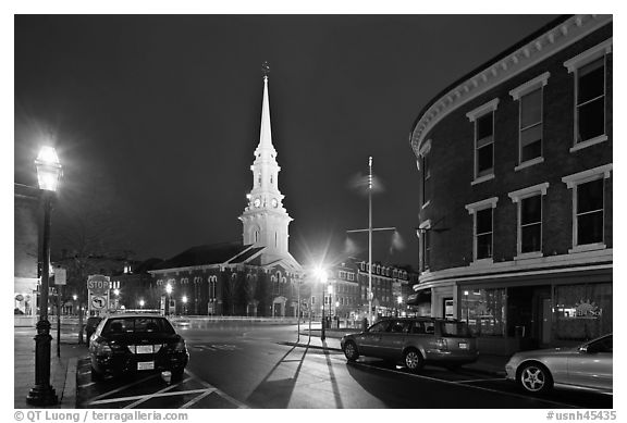 Square and church by night. Portsmouth, New Hampshire, USA (black and white)