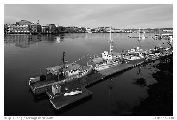 Deck, fishing boats, and river. Portsmouth, New Hampshire, USA