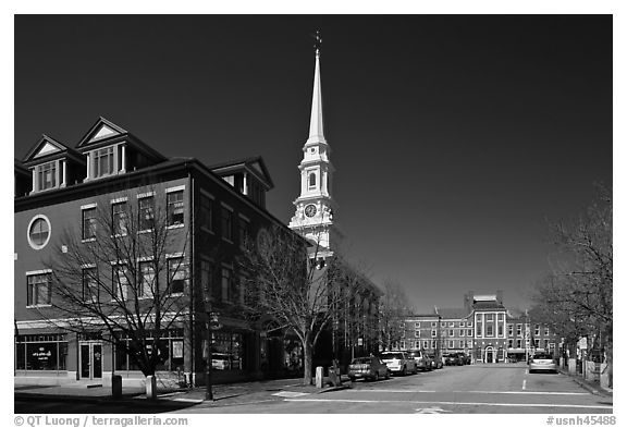 Downtown view with street and church. Portsmouth, New Hampshire, USA (black and white)