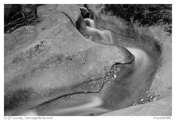 Water cascade over smooth rock, Franconia Notch. New Hampshire, New England, USA (black and white)