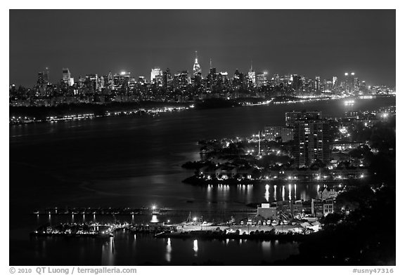 Hudson River and New York skyline at night. NYC, New York, USA (black and white)