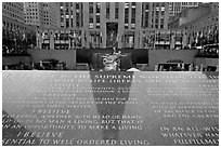 Plaque with the credo of John D Rockefeller, Rockefeller Plaza. NYC, New York, USA (black and white)