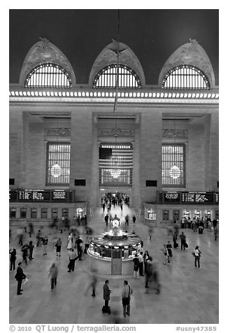 Main information booth and flag hung after 9/11, Grand Central Terminal. NYC, New York, USA (black and white)