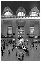Main information booth and flag hung after 9/11, Grand Central Terminal. NYC, New York, USA (black and white)