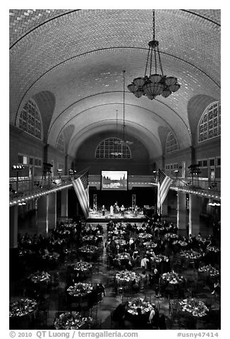 Great Hall of Main Building, Ellis Island. NYC, New York, USA (black and white)