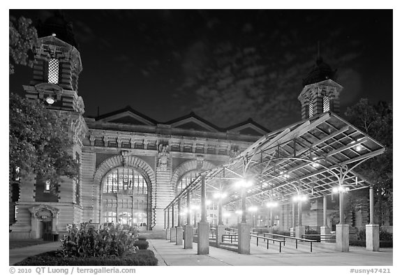 Main Building by night, Ellis Island. NYC, New York, USA (black and white)