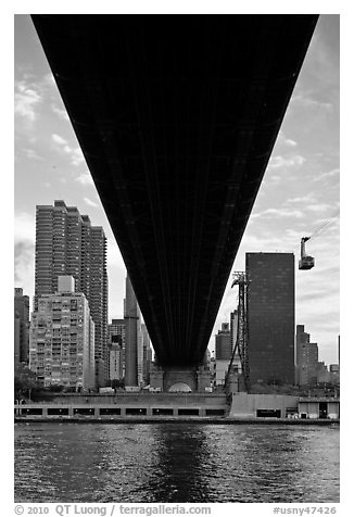 Queensboro bridge underside and tram. NYC, New York, USA (black and white)