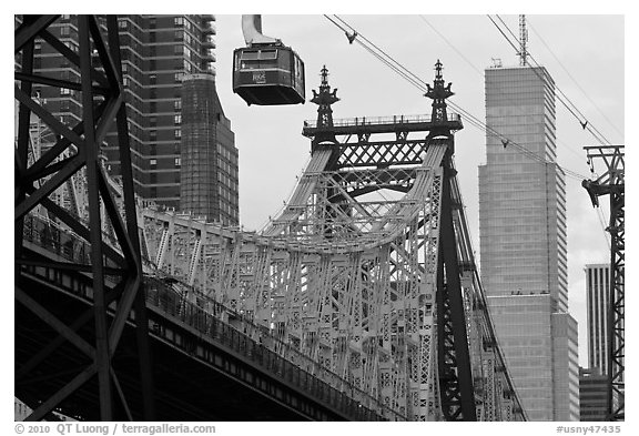 Aerial tramway car and Queensboro bridge. NYC, New York, USA (black and white)