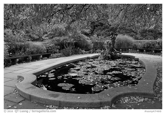 Pool and sculpture, South Garden, Central Park. NYC, New York, USA (black and white)