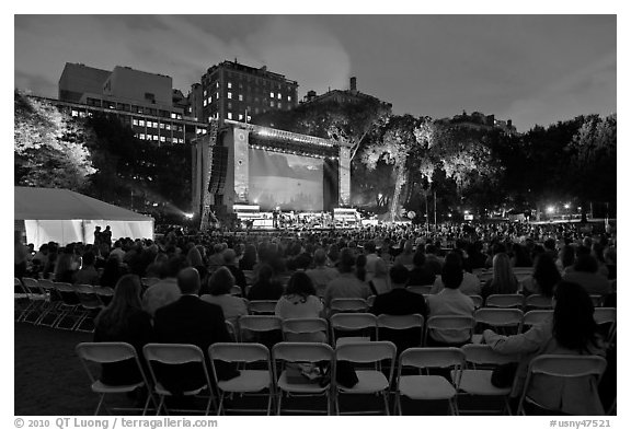 Central Park outdoor event celebrating Ken Burns National Parks series, QTL photo on screen. NYC, New York, USA (black and white)