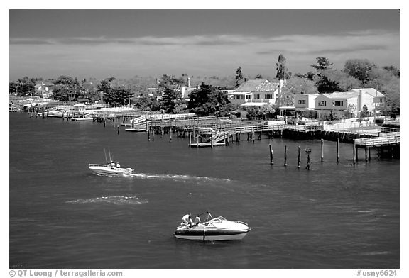 Canal and houses in Long Beach. New York, USA (black and white)