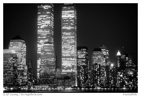 World Trade Center Twin Towers at night. NYC, New York, USA (black and white)