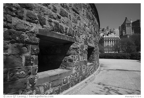 Circular wall of fort, Castle Clinton National Monument. NYC, New York, USA (black and white)