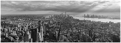 Manhattan with Freedom Tower from Empire State Building. NYC, New York, USA (Panoramic black and white)