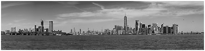 New York Harbor with Jersey City and Manhattan skylines. NYC, New York, USA (Panoramic black and white)