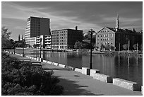 Brick buildings reflected in Seekonk river, late afternoon. Providence, Rhode Island, USA ( black and white)