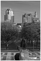 Statue of State House grounds and downtown buildings. Providence, Rhode Island, USA (black and white)