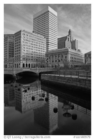 Downtown buildings reflected in Seekonk river. Providence, Rhode Island, USA (black and white)