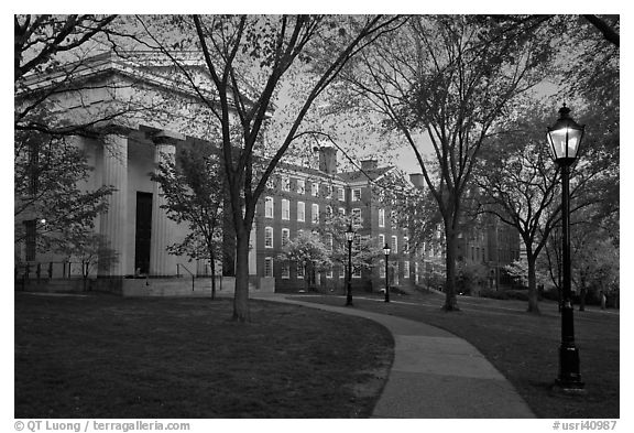 Manning Hall, University Hall, and Slater Hall  at dusk. Providence, Rhode Island, USA (black and white)