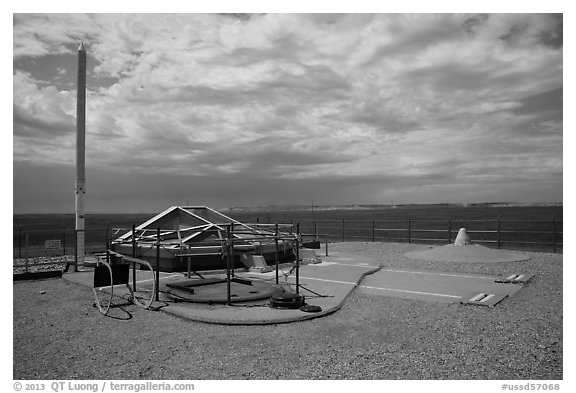 Silo above ground with glass viewing area. Minuteman Missile National Historical Site, South Dakota, USA (black and white)