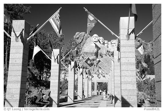 Alley of the Flags, with flags from each of the 50 US states, Mt Rushmore National Memorial. South Dakota, USA (black and white)