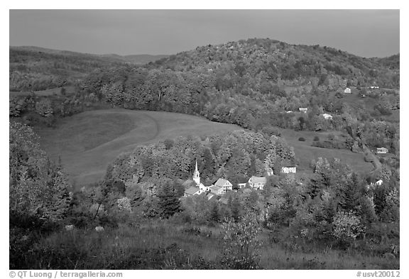 Village of East Corinth surrounded by fall colors, early morning. USA (black and white)