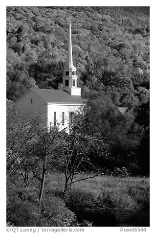 White steepled church in Stowe. Vermont, New England, USA