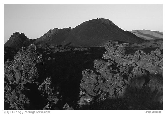 Cinder crags and cones, sunrise. Craters of the Moon National Monument and Preserve, Idaho, USA (black and white)
