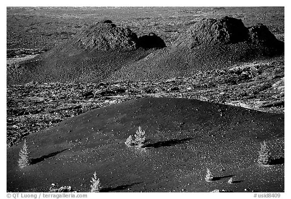 Cinder cone and lava plugs, Craters of the Moon National Monument. Idaho, USA (black and white)