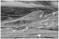 Painted hills and fog, winter dusk. John Day Fossils Bed National Monument, Oregon, USA ( black and white)