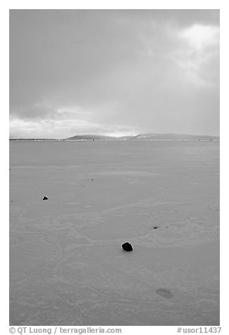 Pebbles on Frozen Klamath Lake. Oregon, USA (black and white)