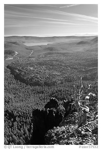 East Lake and big obsidian flow from Paulina Peak. Newberry Volcanic National Monument, Oregon, USA (black and white)