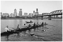 Eight-oar shell and city skyline at sunrise. Portland, Oregon, USA ( black and white)