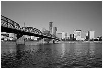Williamette River, Hawthorne Bridge and city Skyline, early morning. Portland, Oregon, USA ( black and white)