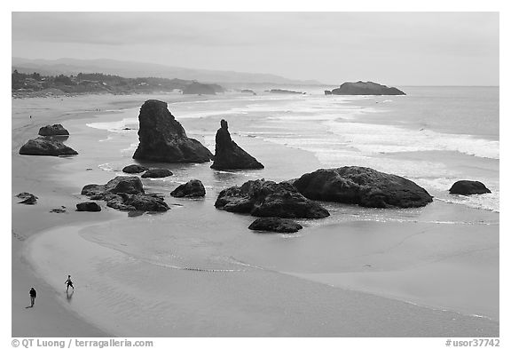 Beach at Face Rock with two people walking. Bandon, Oregon, USA (black and white)