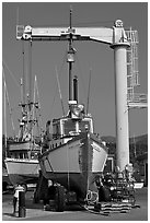 Fishing boats parked on deck, Port Orford. Oregon, USA (black and white)