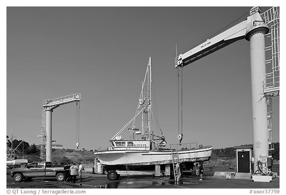 Hoists and fishing boats, Port Orford. Oregon, USA