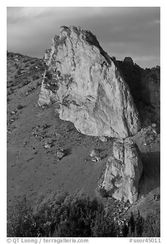 Ryolite outcrop at sunset. Smith Rock State Park, Oregon, USA (black and white)