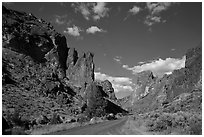 Scenic road below spires, Leslie Gulch. Oregon, USA ( black and white)