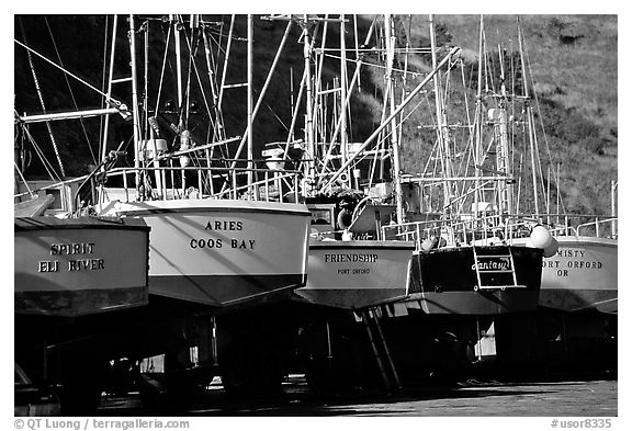 Boats on the deck in Port Orford. Oregon, USA (black and white)