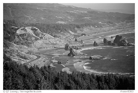 Coastline with highway and seastacks, Pistol River State Park. Oregon, USA (black and white)