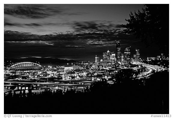 City skyline and Qwest Field at night. Seattle, Washington (black and white)