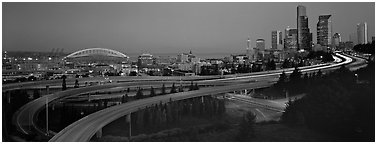 Seattle cityscape with highways at dawn. Seattle, Washington (Panoramic black and white)