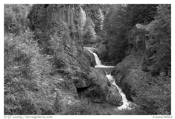 Muddy River spills over basalt falls in Lava Canyon. Mount St Helens National Volcanic Monument, Washington (black and white)