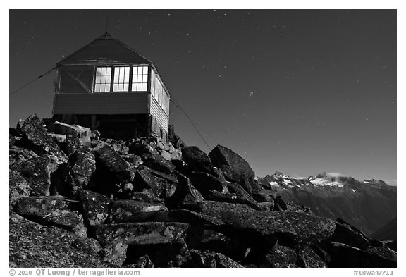 Lookout at night and mountain range, Mount Baker Glacier Snoqualmie National Forest. Washington (black and white)