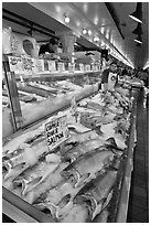 Fishmonger stall in Main Arcade. Seattle, Washington (black and white)