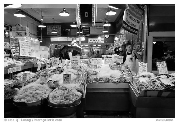 Seafood vending, Pike Place Market. Seattle, Washington (black and white)